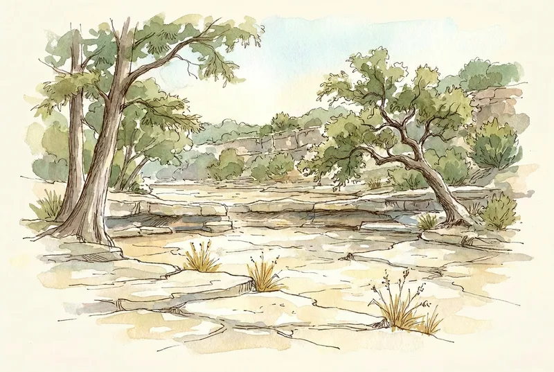 Watercolor illustration of a dry limestone creek bed under drought grasses